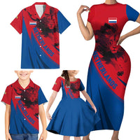 Netherlands Family Matching Short Sleeve Bodycon Dress and Hawaiian Shirt with Lion Graphic and Dutch Flag in Red and Blue Design - Wonder Print Shop