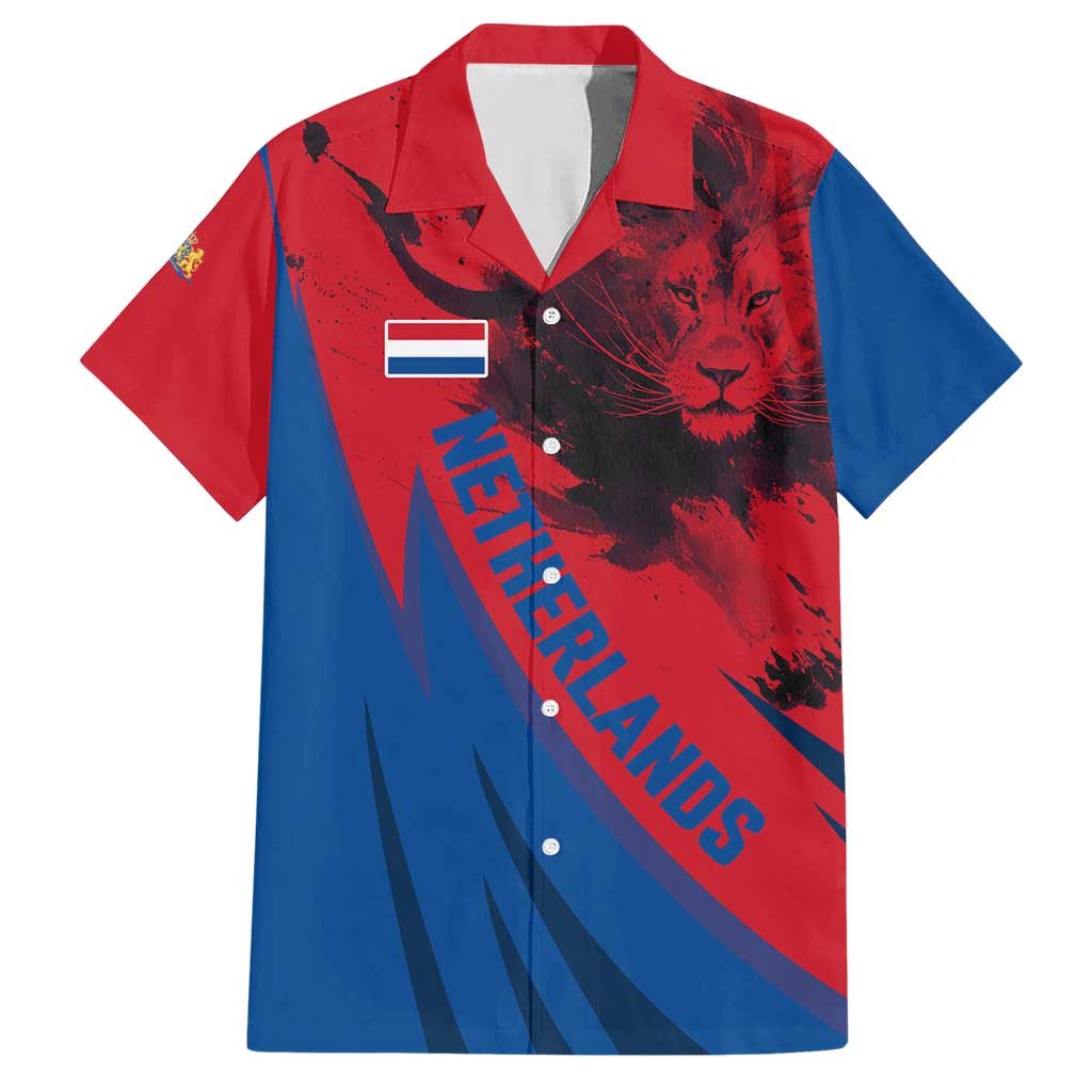 Netherlands Family Matching Short Sleeve Bodycon Dress and Hawaiian Shirt with Lion Graphic and Dutch Flag in Red and Blue Design - Wonder Print Shop