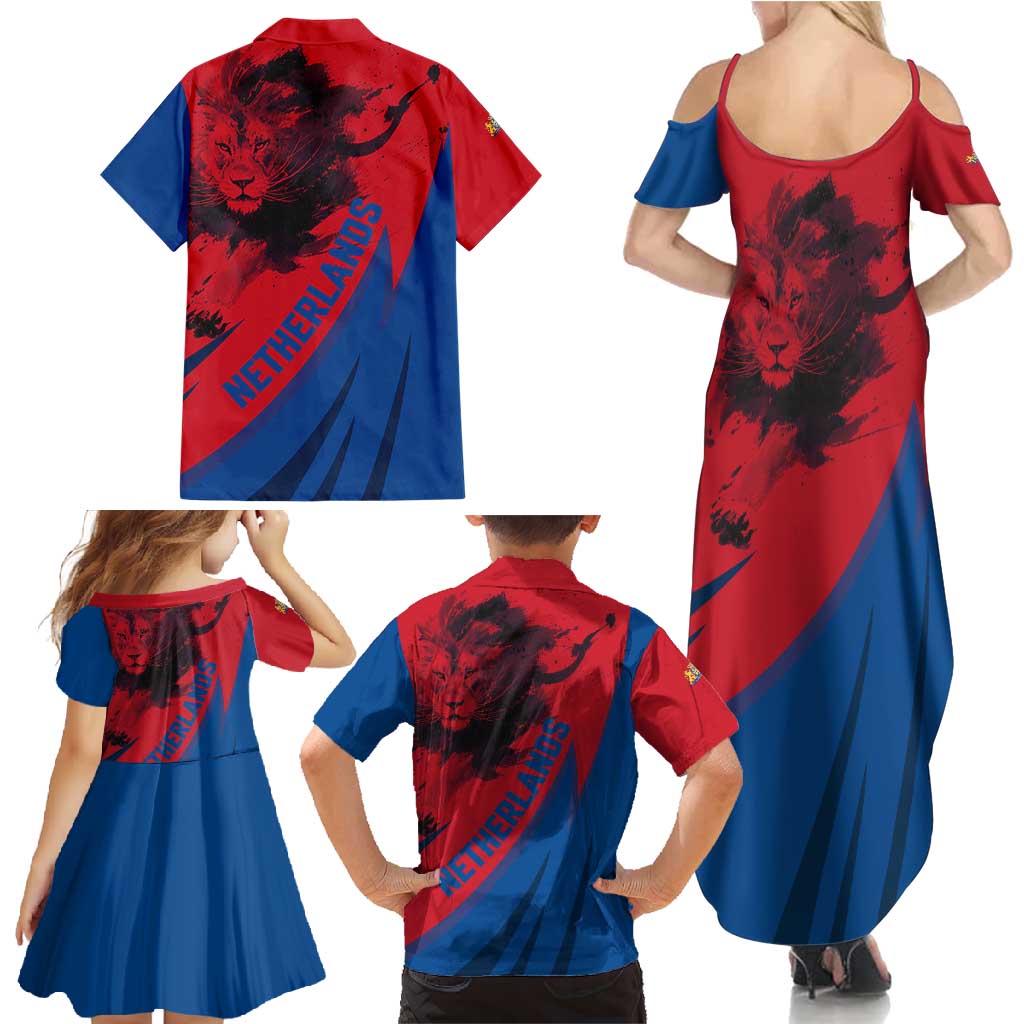 Netherlands Family Matching Summer Maxi Dress and Hawaiian Shirt with Lion Graphic and Dutch Flag in Red and Blue Design - Wonder Print Shop