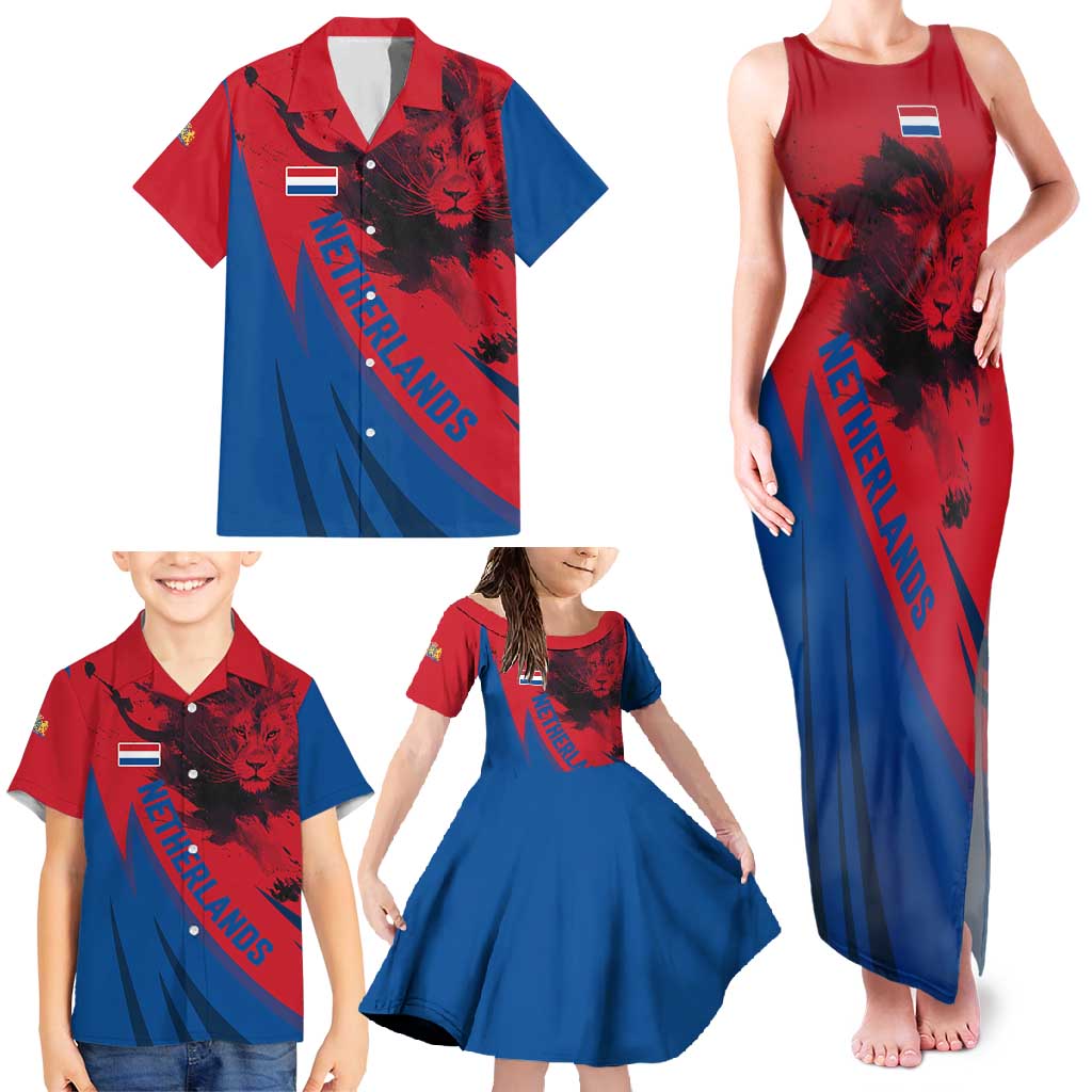 Netherlands Family Matching Tank Maxi Dress and Hawaiian Shirt with Lion Graphic and Dutch Flag in Red and Blue Design - Wonder Print Shop