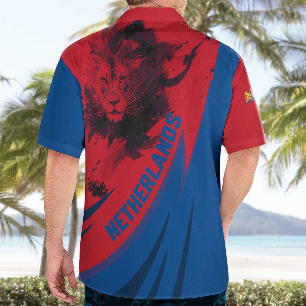 Netherlands Hawaiian Shirt with Lion Graphic and Dutch Flag in Red and Blue Design - Wonder Print Shop