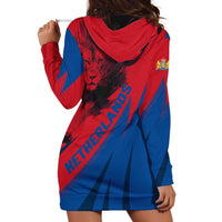 Netherlands Hoodie Dress with Lion Graphic and Dutch Flag in Red and Blue Design - Wonder Print Shop