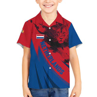 Netherlands Kid Hawaiian Shirt with Lion Graphic and Dutch Flag in Red and Blue Design - Wonder Print Shop