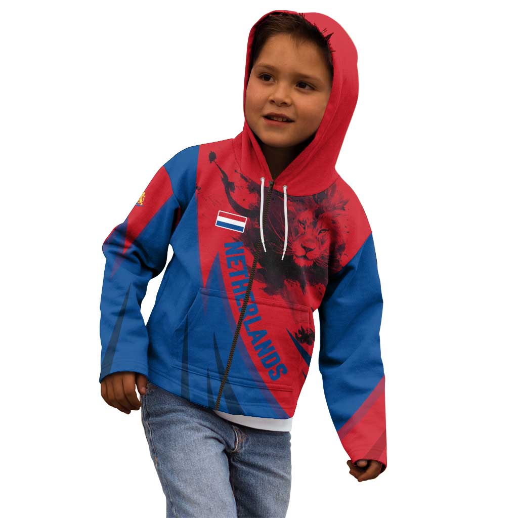 Netherlands Kid Hoodie with Lion Graphic and Dutch Flag in Red and Blue Design - Wonder Print Shop