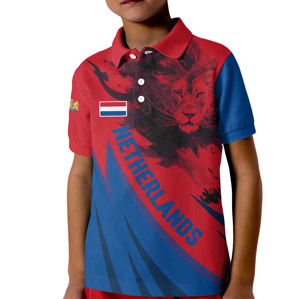 Netherlands Kid Polo Shirt with Lion Graphic and Dutch Flag in Red and Blue Design - Wonder Print Shop