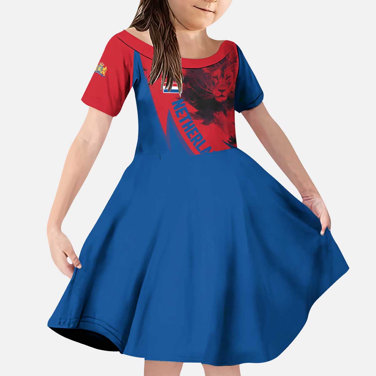 Netherlands Kid Short Sleeve Dress with Lion Graphic and Dutch Flag in Red and Blue Design - Wonder Print Shop