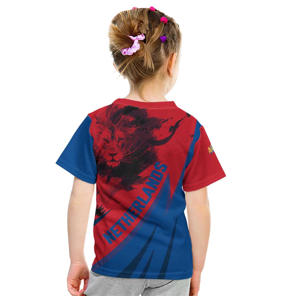 Netherlands Kid T Shirt with Lion Graphic and Dutch Flag in Red and Blue Design - Wonder Print Shop