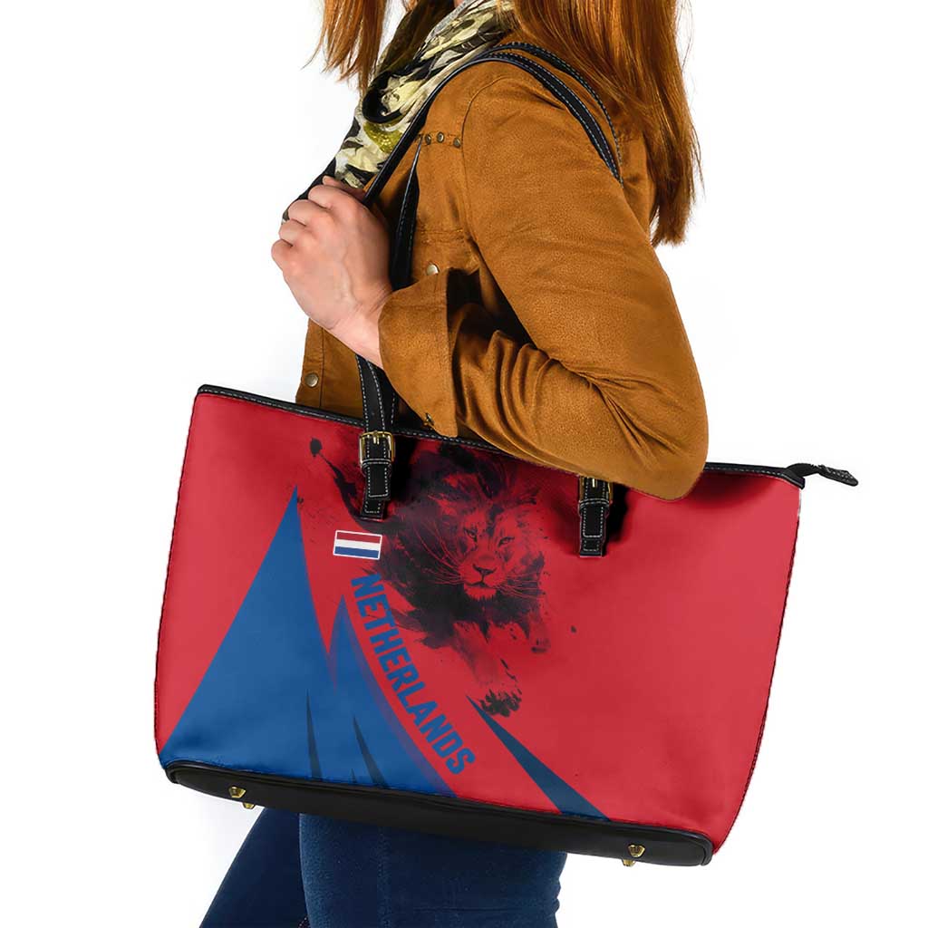 Netherlands Leather Tote Bag with Lion Graphic and Dutch Flag in Red and Blue Design - Wonder Print Shop