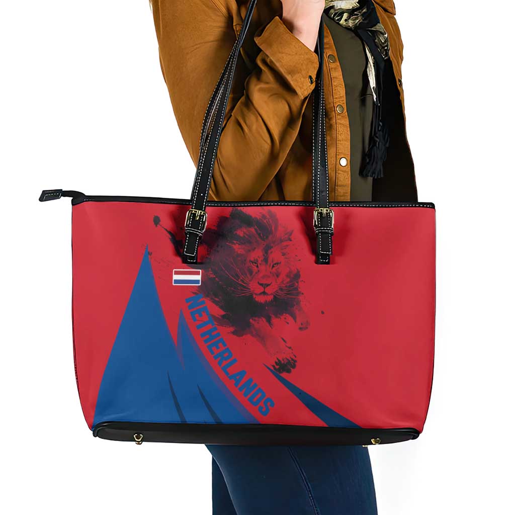 Netherlands Leather Tote Bag with Lion Graphic and Dutch Flag in Red and Blue Design - Wonder Print Shop