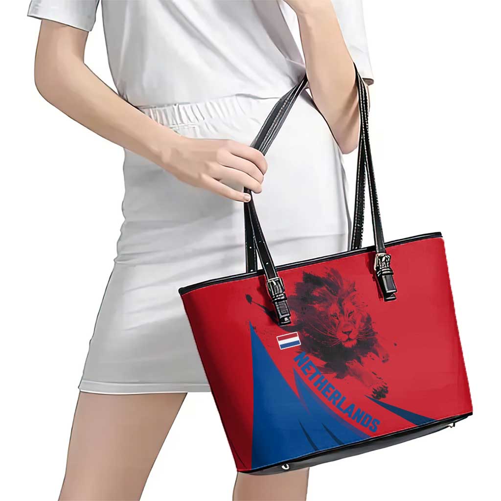 Netherlands Leather Tote Bag with Lion Graphic and Dutch Flag in Red and Blue Design - Wonder Print Shop