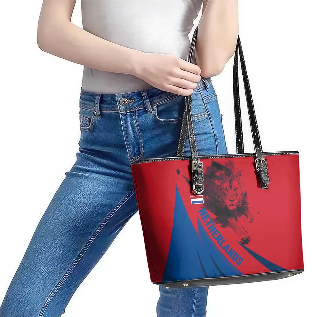 Netherlands Leather Tote Bag with Lion Graphic and Dutch Flag in Red and Blue Design - Wonder Print Shop