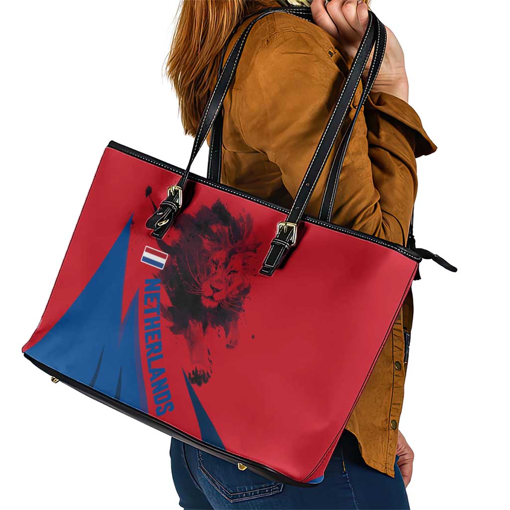 Netherlands Leather Tote Bag with Lion Graphic and Dutch Flag in Red and Blue Design - Wonder Print Shop