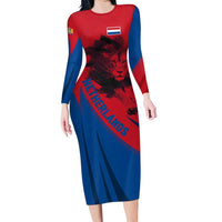 Netherlands Long Sleeve Bodycon Dress with Lion Graphic and Dutch Flag in Red and Blue Design - Wonder Print Shop
