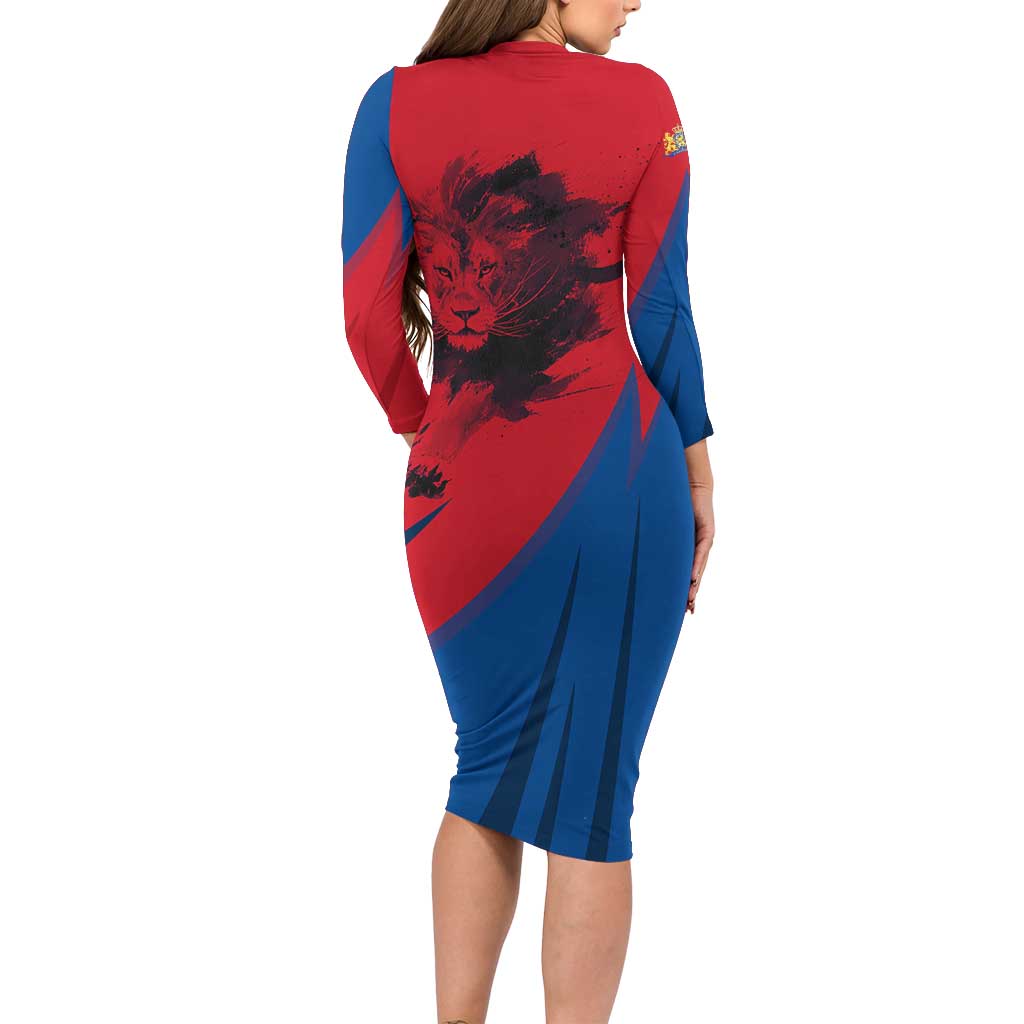 Netherlands Long Sleeve Bodycon Dress with Lion Graphic and Dutch Flag in Red and Blue Design - Wonder Print Shop