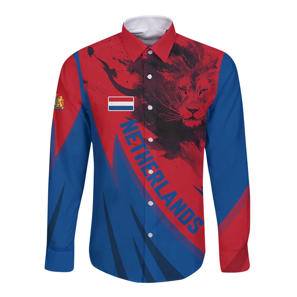 Netherlands Long Sleeve Button Shirt with Lion Graphic and Dutch Flag in Red and Blue Design - Wonder Print Shop