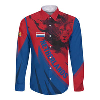 Netherlands Long Sleeve Button Shirt with Lion Graphic and Dutch Flag in Red and Blue Design - Wonder Print Shop