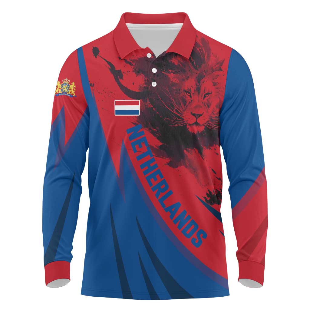 Netherlands Long Sleeve Polo Shirt with Lion Graphic and Dutch Flag in Red and Blue Design - Wonder Print Shop