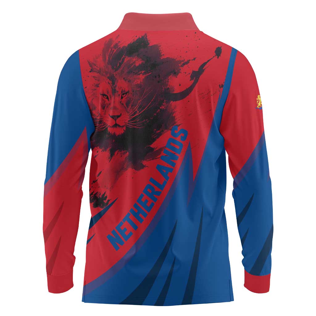 Netherlands Long Sleeve Polo Shirt with Lion Graphic and Dutch Flag in Red and Blue Design - Wonder Print Shop