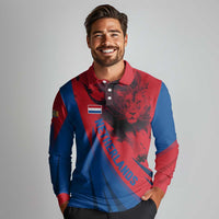 Netherlands Long Sleeve Polo Shirt with Lion Graphic and Dutch Flag in Red and Blue Design - Wonder Print Shop