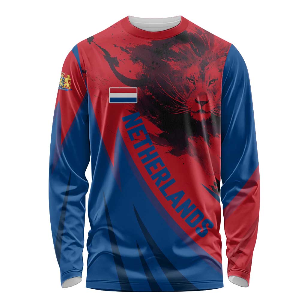 Netherlands Long Sleeve Shirt with Lion Graphic and Dutch Flag in Red and Blue Design - Wonder Print Shop