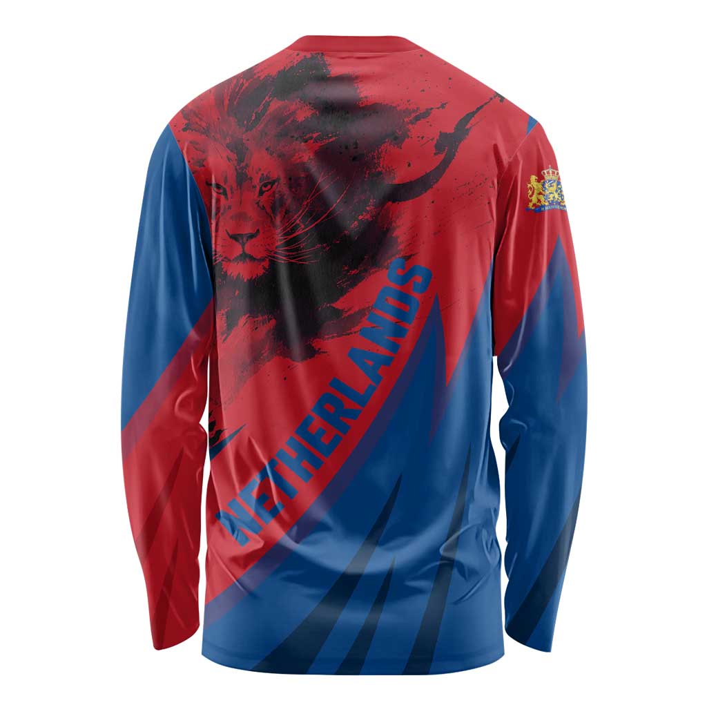 Netherlands Long Sleeve Shirt with Lion Graphic and Dutch Flag in Red and Blue Design - Wonder Print Shop