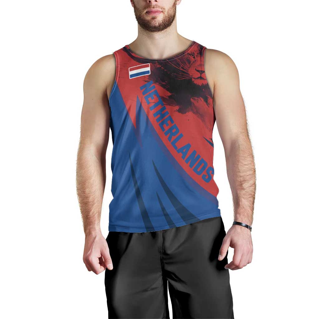 Netherlands Men Tank Top with Lion Graphic and Dutch Flag in Red and Blue Design - Wonder Print Shop