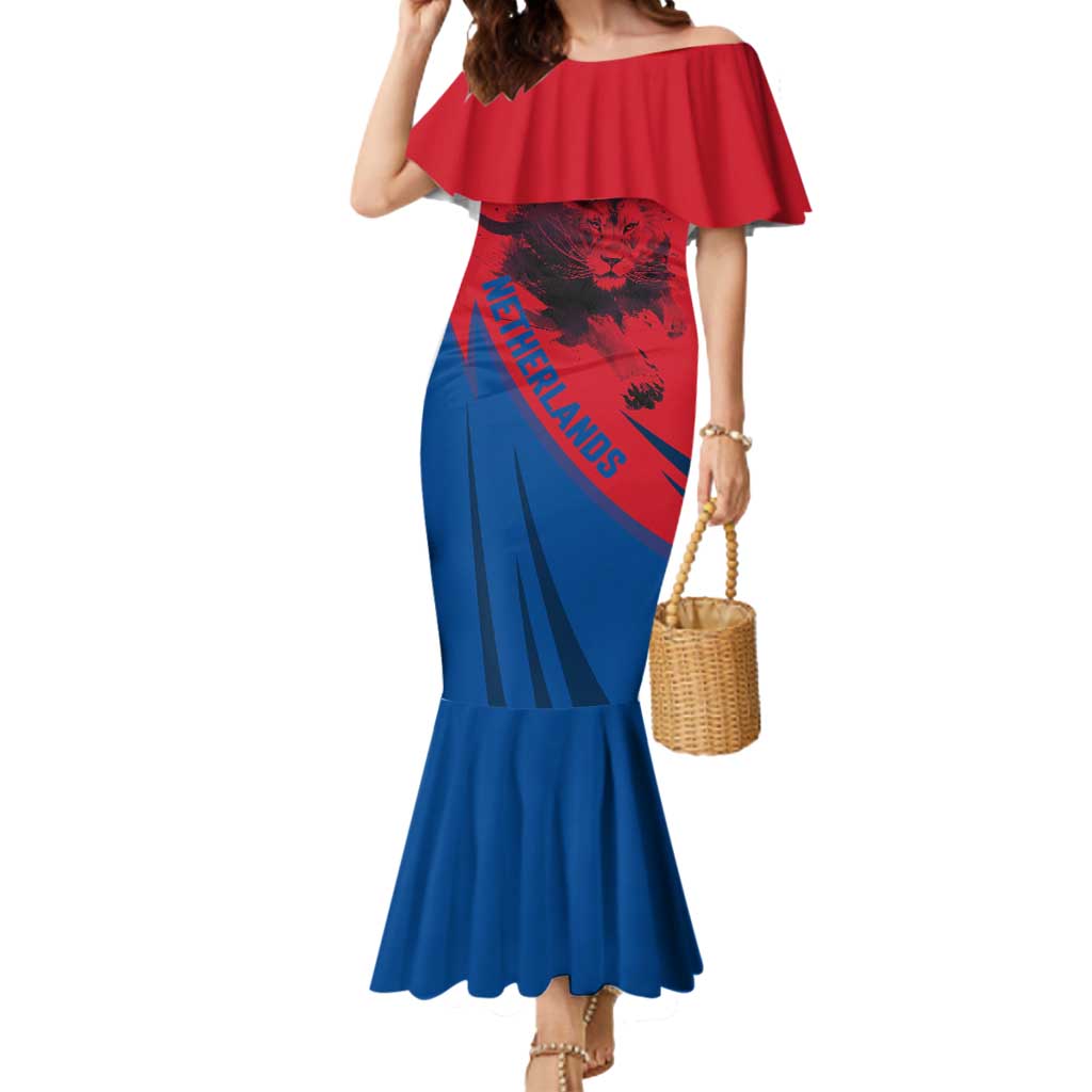 Netherlands Mermaid Dress with Lion Graphic and Dutch Flag in Red and Blue Design - Wonder Print Shop