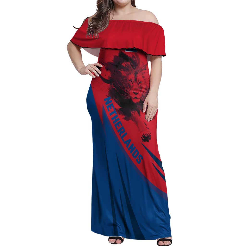 Netherlands Off Shoulder Maxi Dress with Lion Graphic and Dutch Flag in Red and Blue Design - Wonder Print Shop