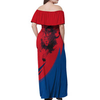 Netherlands Off Shoulder Maxi Dress with Lion Graphic and Dutch Flag in Red and Blue Design - Wonder Print Shop