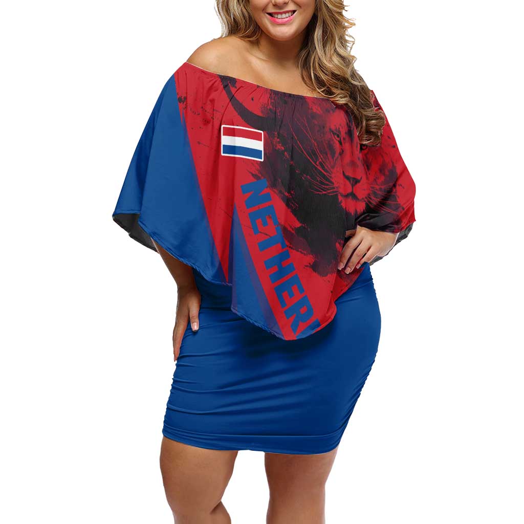 Netherlands Off Shoulder Short Dress with Lion Graphic and Dutch Flag in Red and Blue Design - Wonder Print Shop