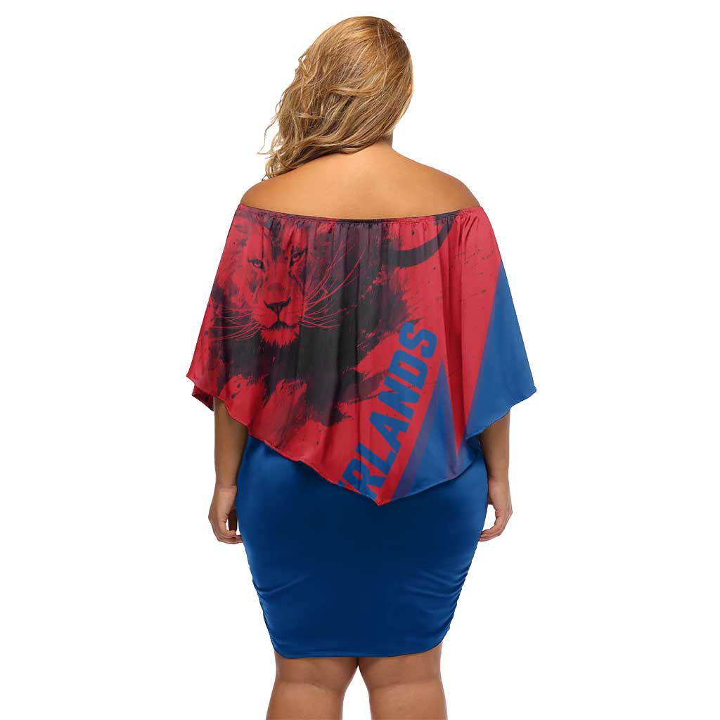 Netherlands Off Shoulder Short Dress with Lion Graphic and Dutch Flag in Red and Blue Design - Wonder Print Shop