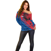 Netherlands Off Shoulder Sweater with Lion Graphic and Dutch Flag in Red and Blue Design - Wonder Print Shop