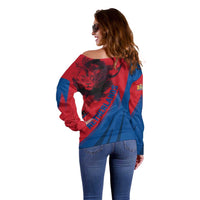 Netherlands Off Shoulder Sweater with Lion Graphic and Dutch Flag in Red and Blue Design - Wonder Print Shop