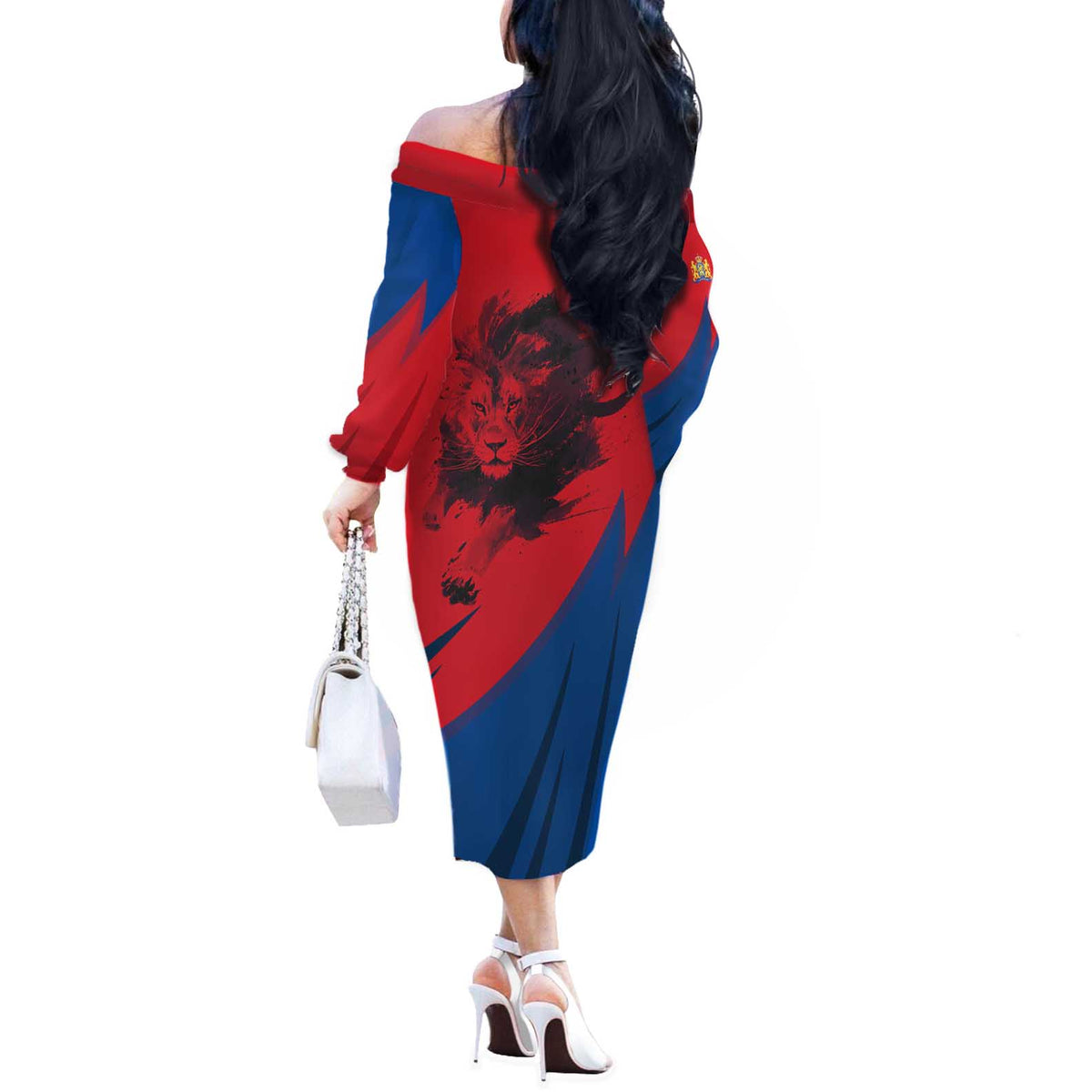 Netherlands Off The Shoulder Long Sleeve Dress with Lion Graphic and Dutch Flag in Red and Blue Design - Wonder Print Shop