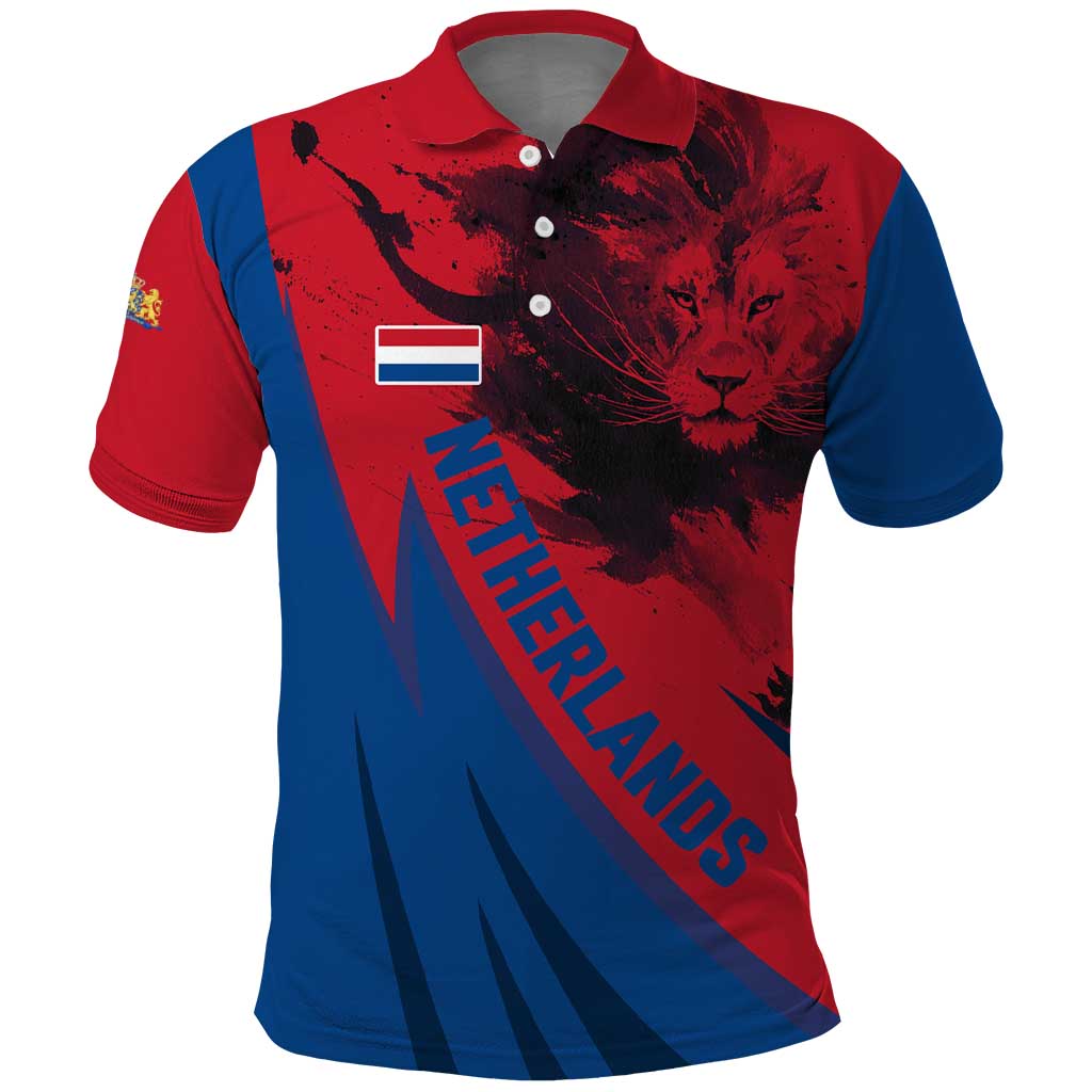 Netherlands Polo Shirt with Lion Graphic and Dutch Flag in Red and Blue Design - Wonder Print Shop