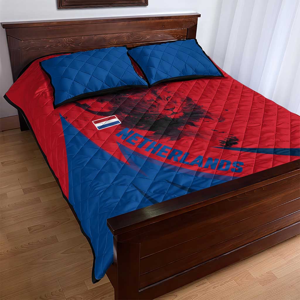 Netherlands Quilt Bed Set with Lion Graphic and Dutch Flag in Red and Blue Design - Wonder Print Shop