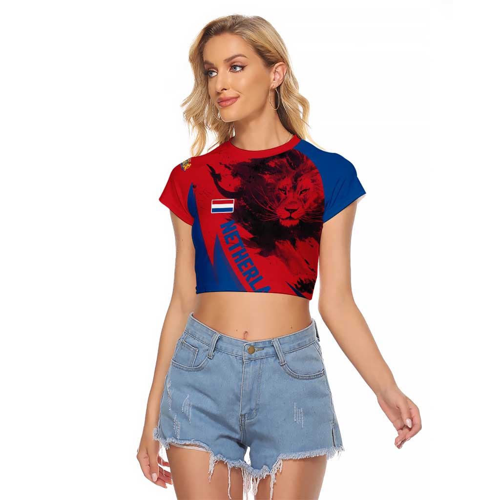 Netherlands Raglan Cropped T Shirt with Lion Graphic and Dutch Flag in Red and Blue Design - Wonder Print Shop