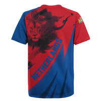 Netherlands Rugby Jersey with Lion Graphic and Dutch Flag in Red and Blue Design - Wonder Print Shop