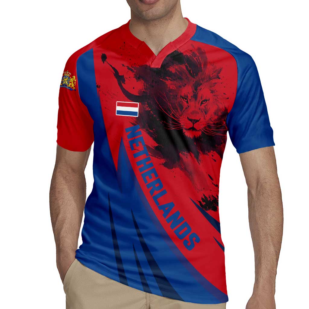 Netherlands Rugby Jersey with Lion Graphic and Dutch Flag in Red and Blue Design - Wonder Print Shop
