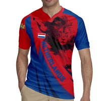 Netherlands Rugby Jersey with Lion Graphic and Dutch Flag in Red and Blue Design - Wonder Print Shop