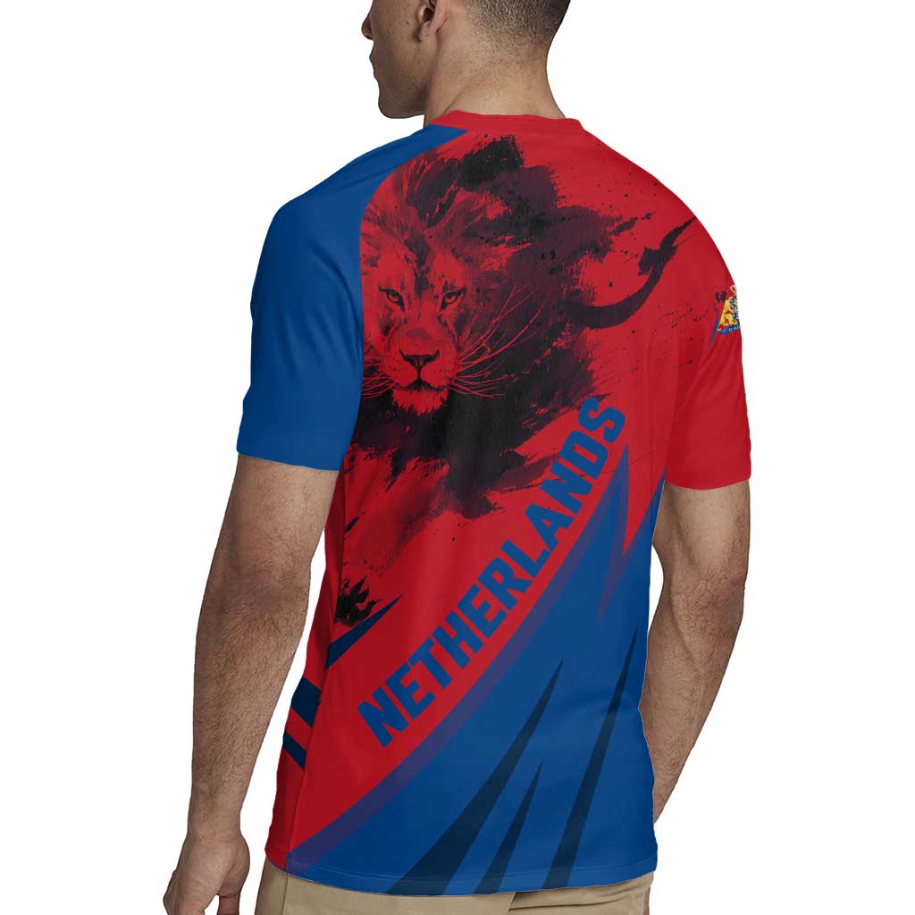 Netherlands Rugby Jersey with Lion Graphic and Dutch Flag in Red and Blue Design - Wonder Print Shop