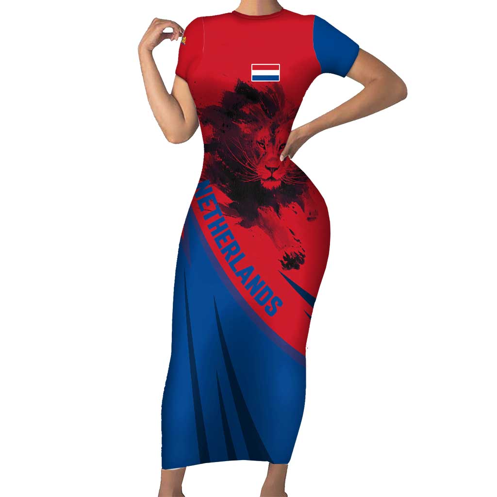 Netherlands Short Sleeve Bodycon Dress with Lion Graphic and Dutch Flag in Red and Blue Design - Wonder Print Shop