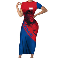 Netherlands Short Sleeve Bodycon Dress with Lion Graphic and Dutch Flag in Red and Blue Design - Wonder Print Shop