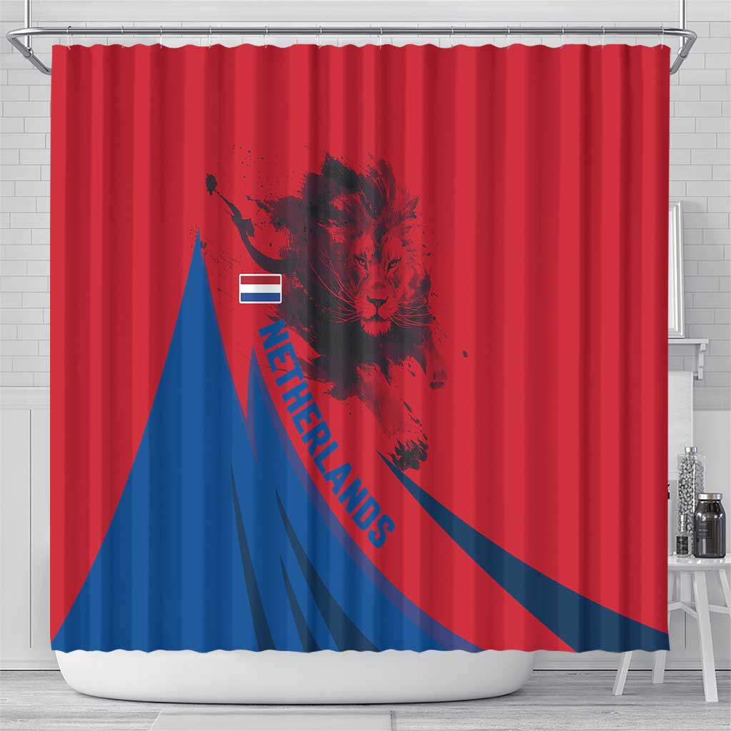 Netherlands Shower Curtain with Lion Graphic and Dutch Flag in Red and Blue Design - Wonder Print Shop