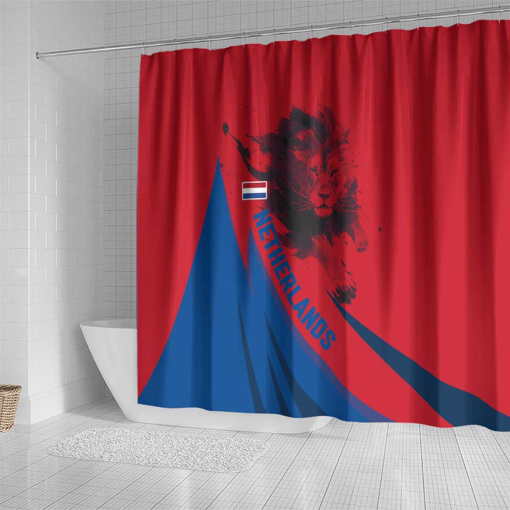 Netherlands Shower Curtain with Lion Graphic and Dutch Flag in Red and Blue Design - Wonder Print Shop