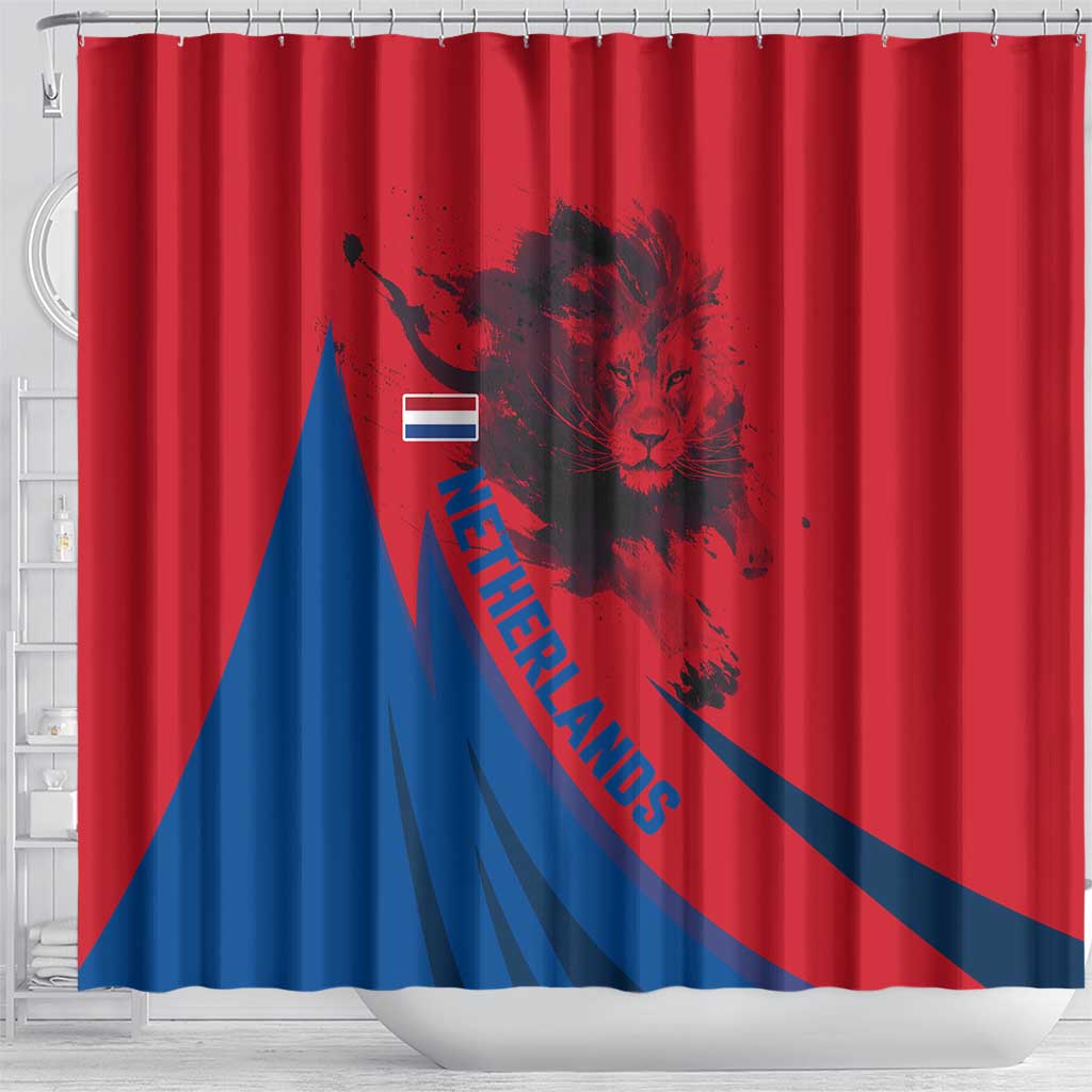 Netherlands Shower Curtain with Lion Graphic and Dutch Flag in Red and Blue Design - Wonder Print Shop