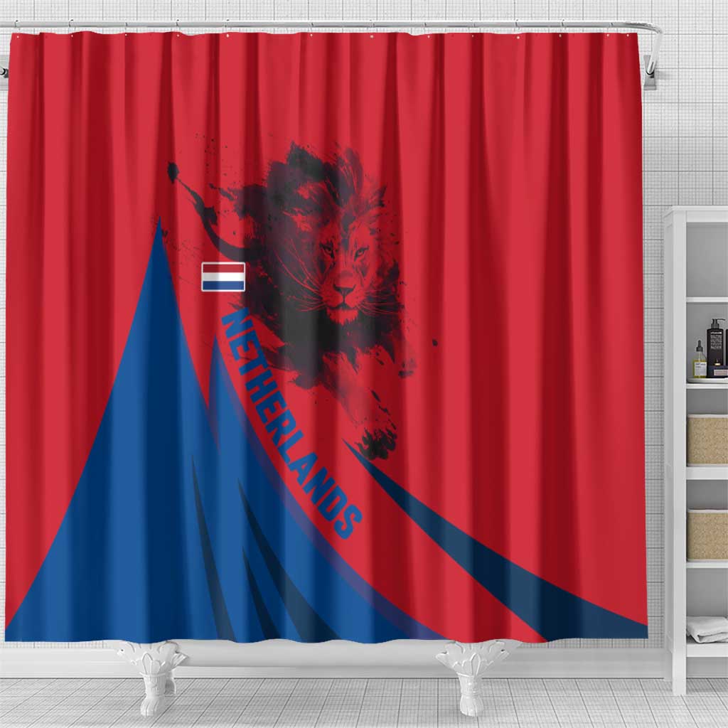 Netherlands Shower Curtain with Lion Graphic and Dutch Flag in Red and Blue Design - Wonder Print Shop