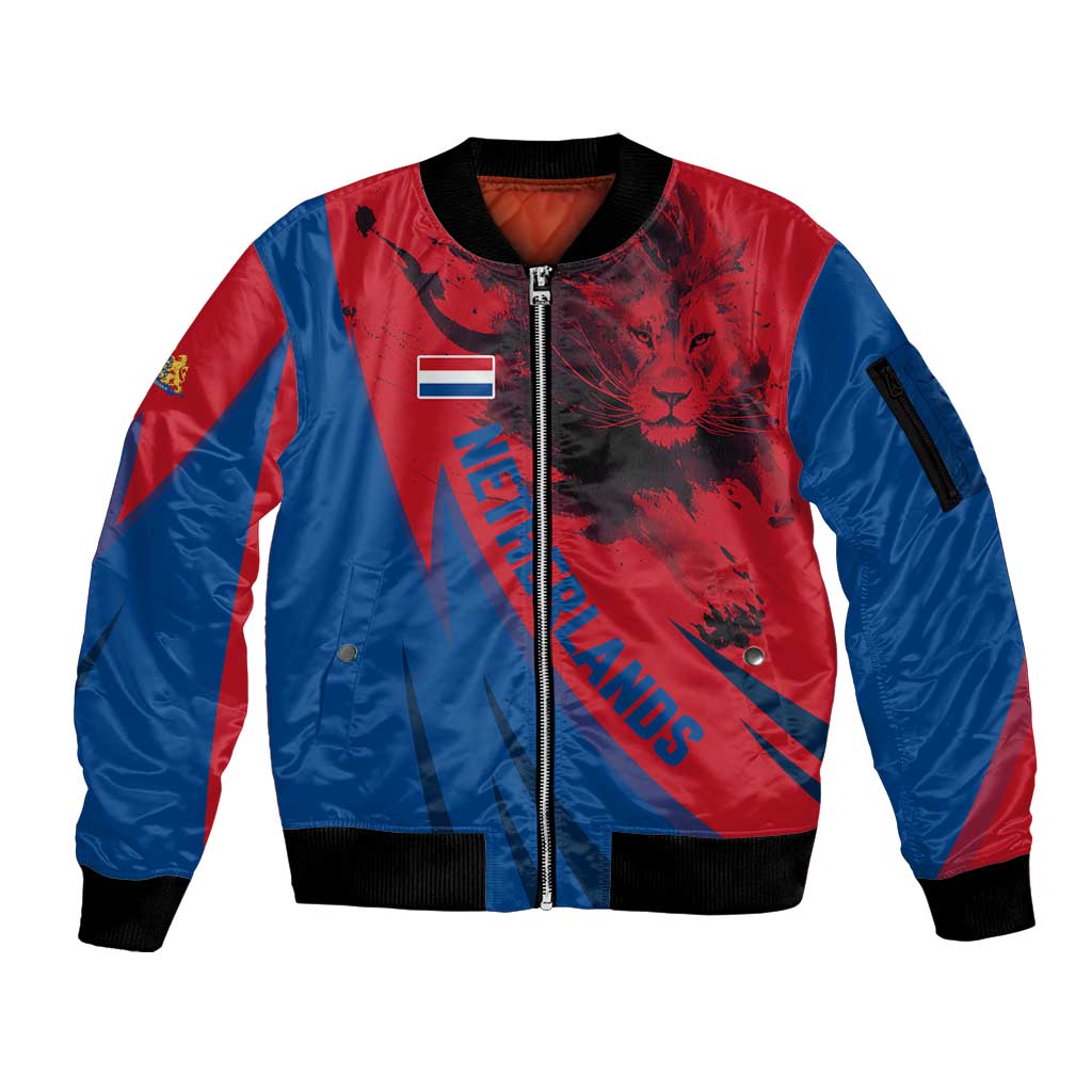Netherlands Sleeve Zip Bomber Jacket with Lion Graphic and Dutch Flag in Red and Blue Design - Wonder Print Shop