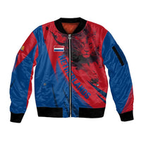 Netherlands Sleeve Zip Bomber Jacket with Lion Graphic and Dutch Flag in Red and Blue Design - Wonder Print Shop