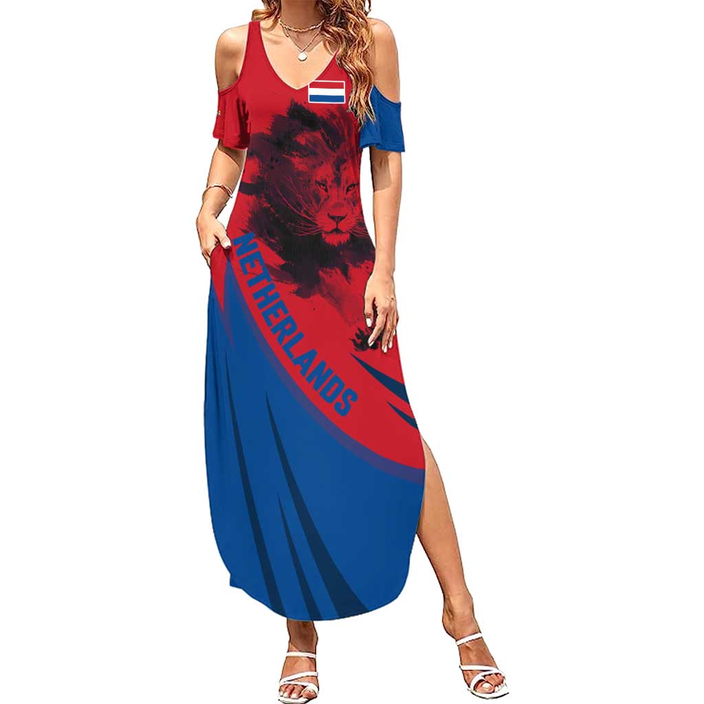 Netherlands Summer Maxi Dress with Lion Graphic and Dutch Flag in Red and Blue Design - Wonder Print Shop